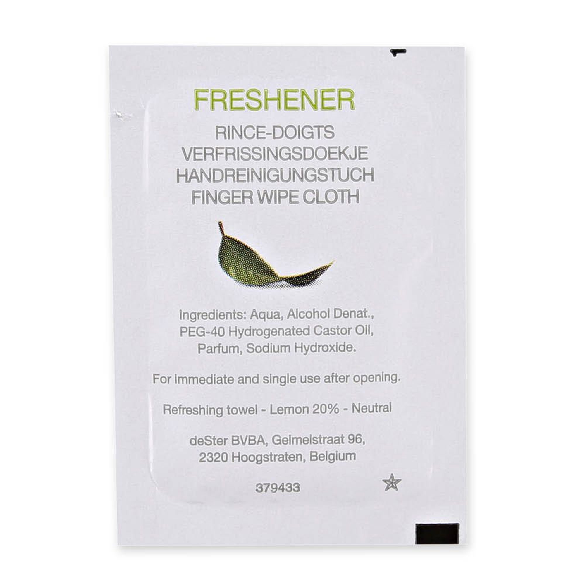 Finger wipe cloth, Freshener sachet, Mint color, Leaf graphic, Single use packet