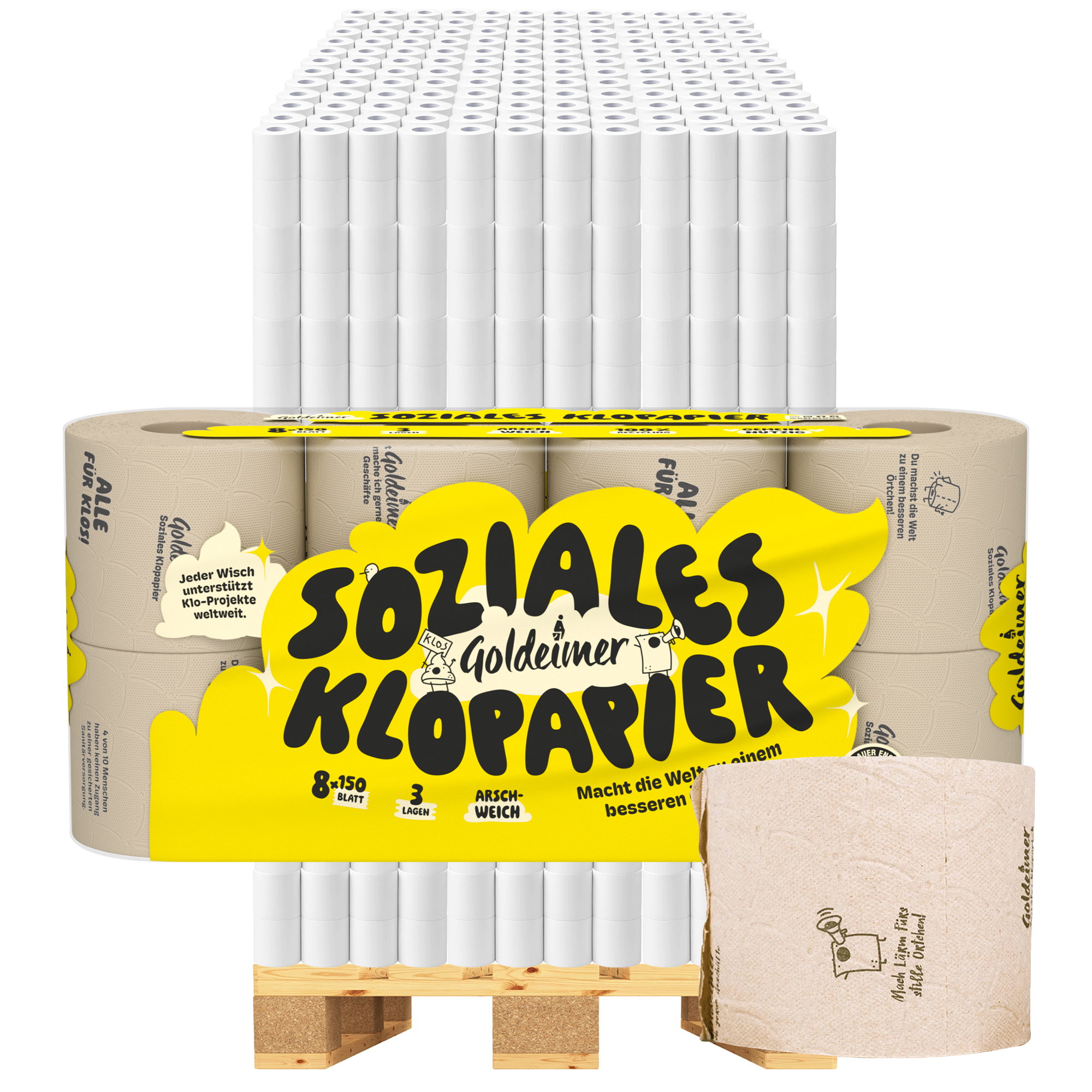 Toilettenpapier, Papierrollen, Recyclingpapier, Verpackung, Palettenladung, Papiertücher, Rollpapier, Klopapier, Palettenverpackung, Recyclepapier, Toilettenpapier, Pappband, Packung mit 150, Stärkt verpackung, Gelbes Etikett