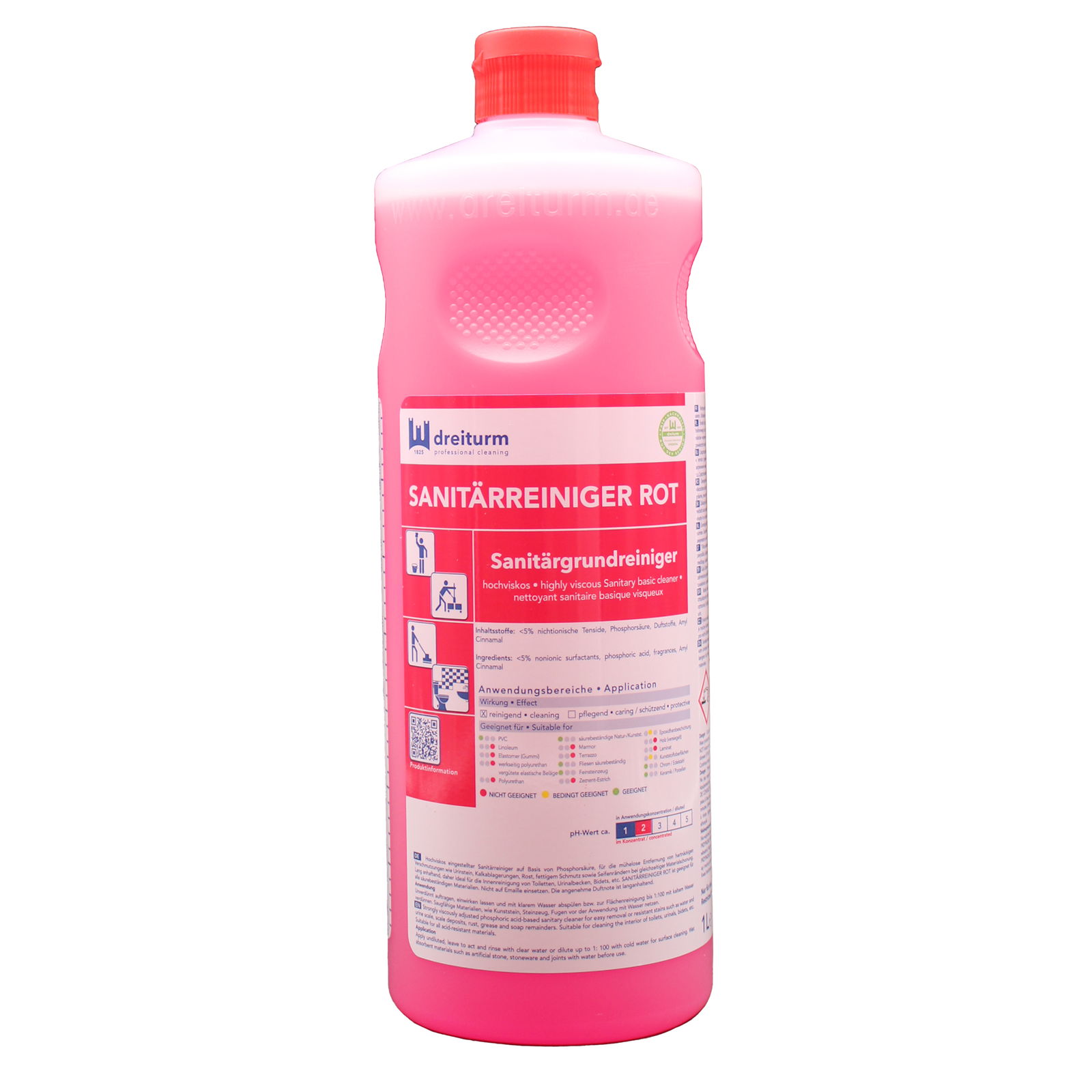 Detergente sanitario di base, dreiturm SANITARY CLEANER RED, bottiglia da 1 litro