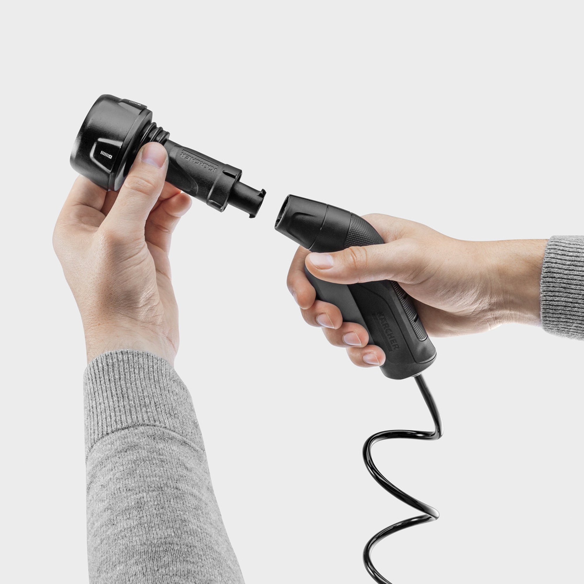 Druckluftpistole, Sicherheitsgriff, Kabel, Schalldämpfer, Werkzeugstück