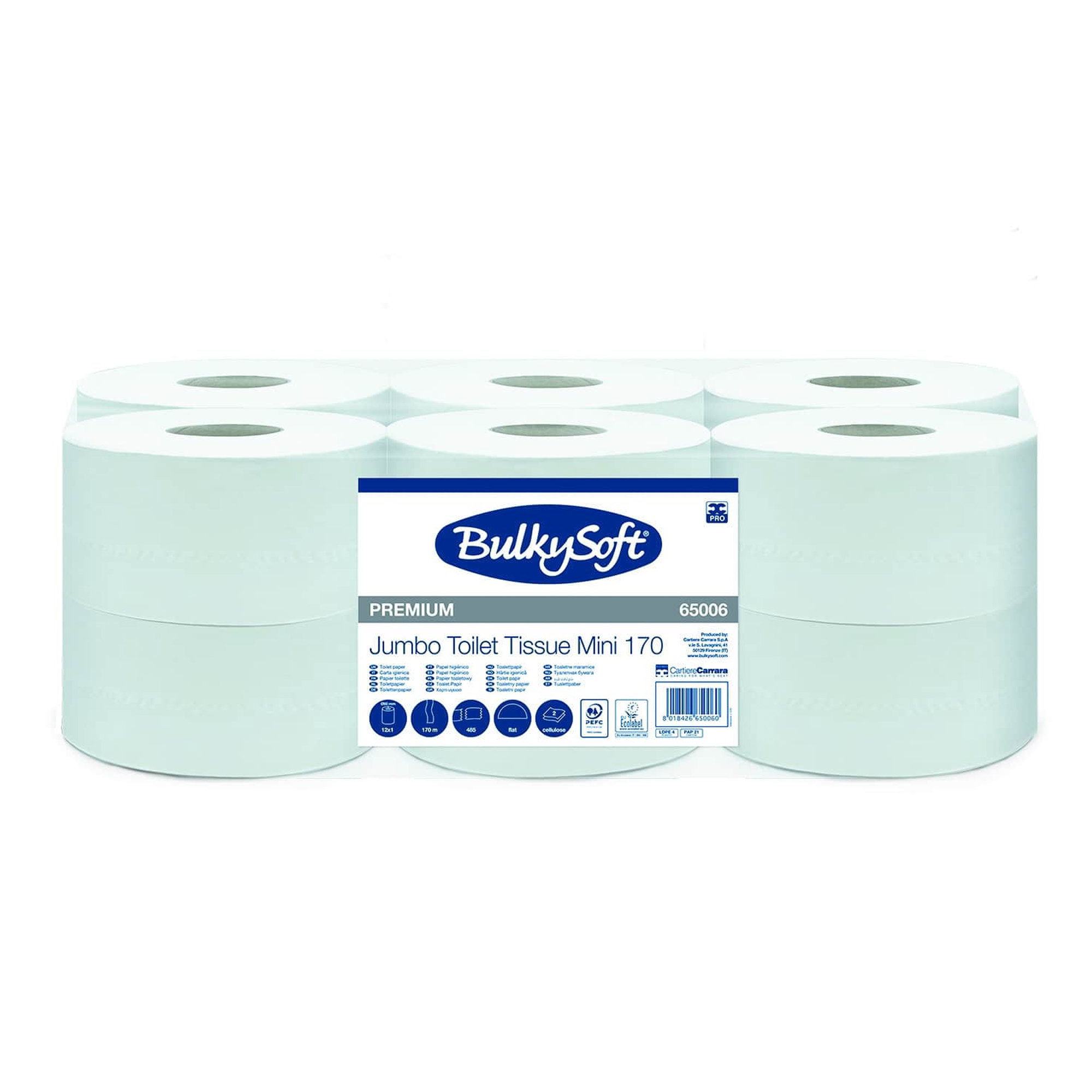 Jumbo Toilettenpapier, Toilettenpapier Rollen, Mini 170, Premium, BulkySoft Etikett