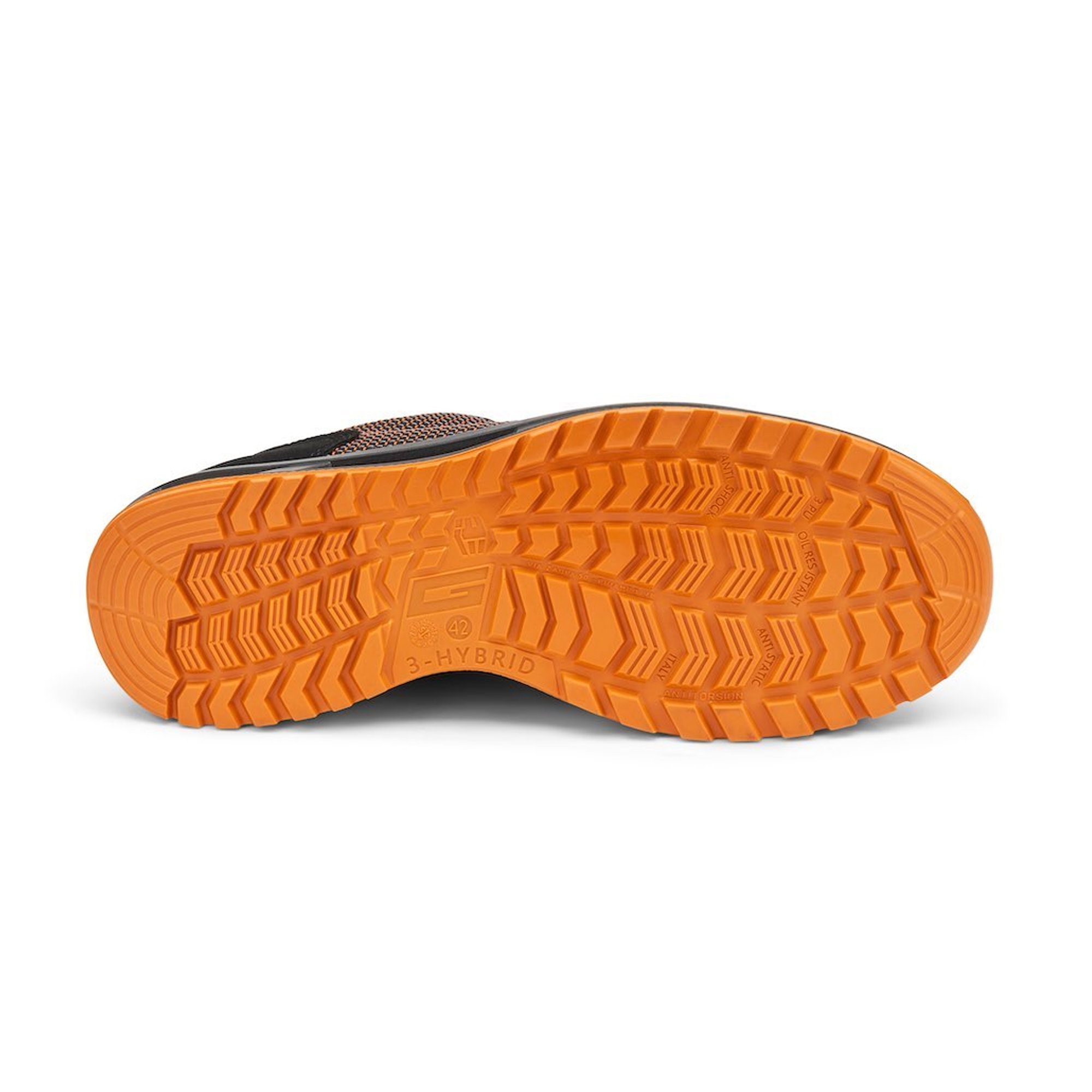 Schuh, Orangene Sohle, Profiletread, Laufschuh, Hybridsohle