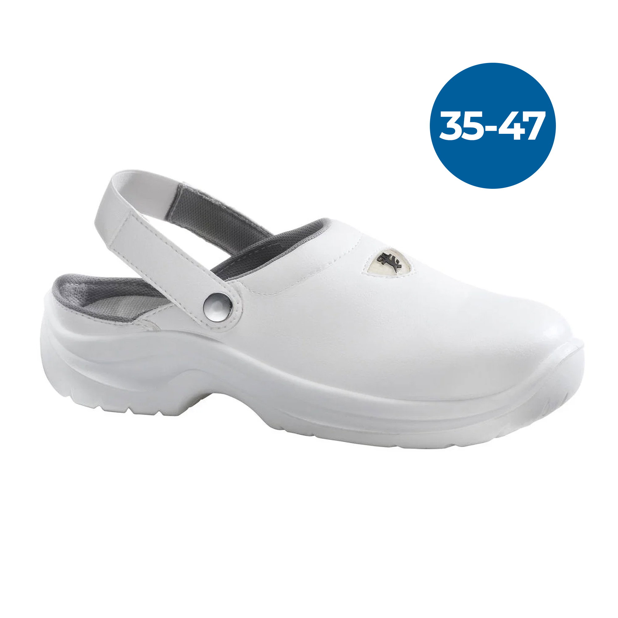 clogs, weiß, Rückenseite geschlossen, Trageband, Schuh mit Schlupf