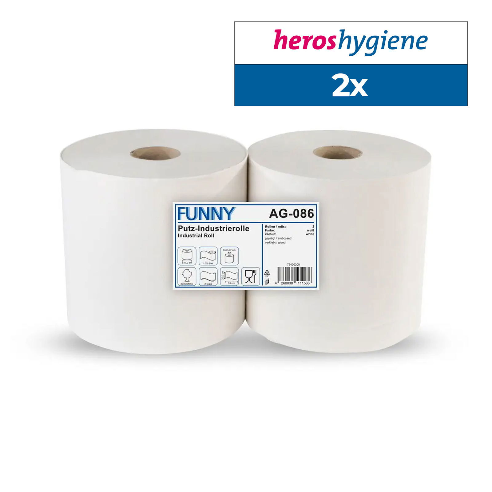 Funny AG-086 Reinigungsrolle 26cm Zellstoffmix weiss 2-lagig 2 Rollen