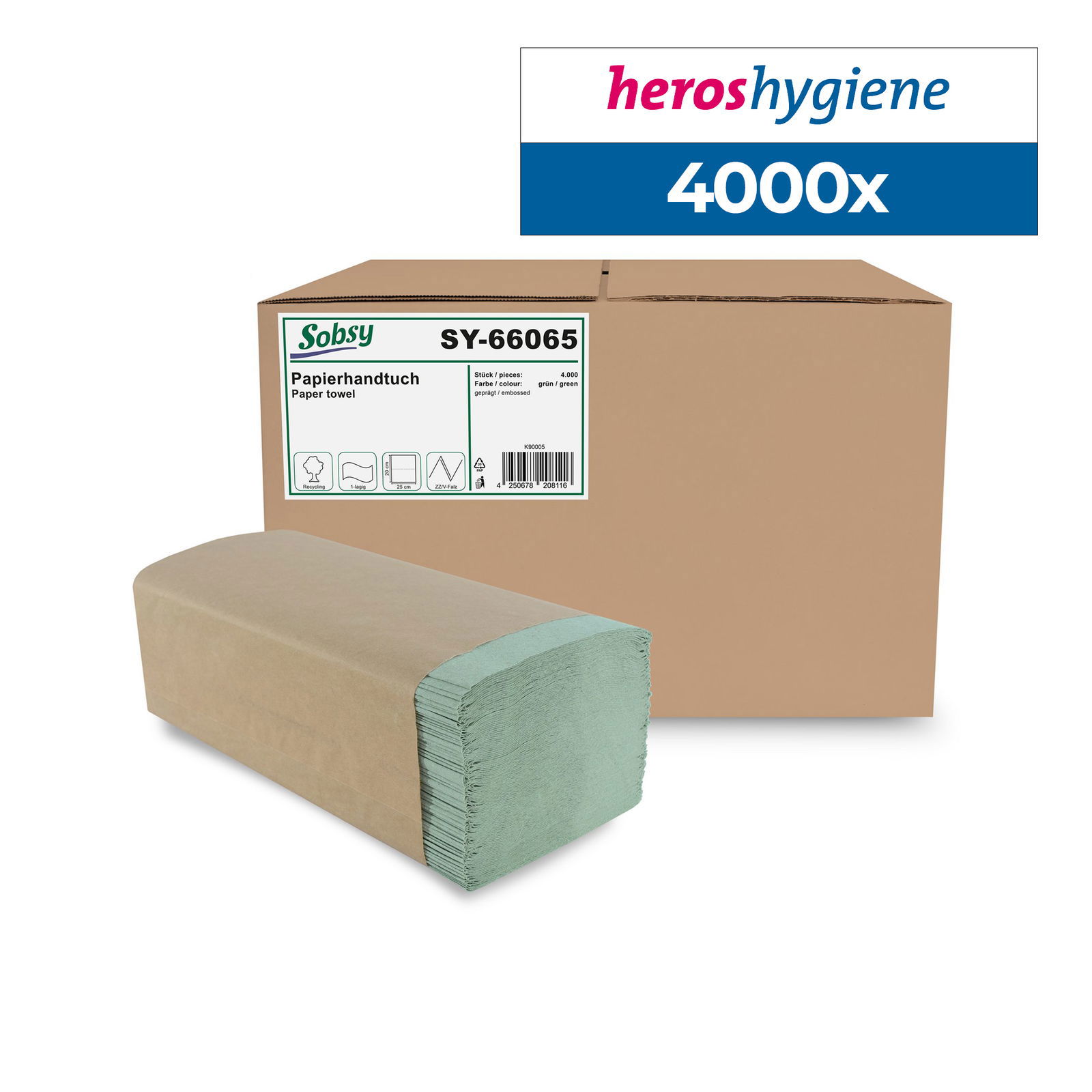 Sobsy SY-66065 Papierhandtuch recycling grün 1-lagig V-Falz 4000 Blatt