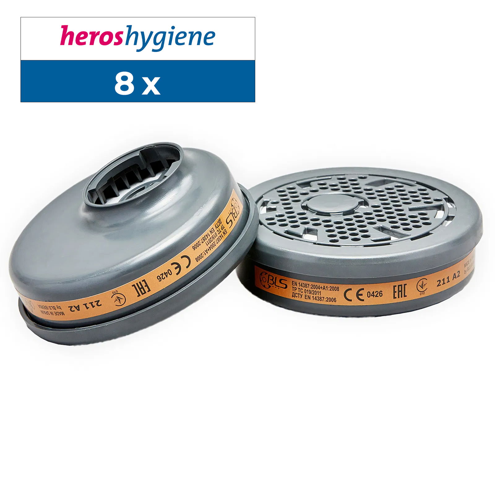 Atemschutzfilter BLS 211 A2, Gasfilter für Halbmasken, 8 Stück