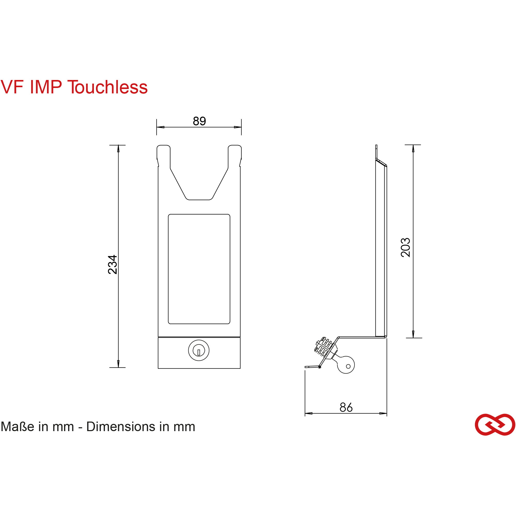 Tauchfestung, EVF IMP Touchless, Halterung, Schwarz-weiß Zeichnung, Maße mm